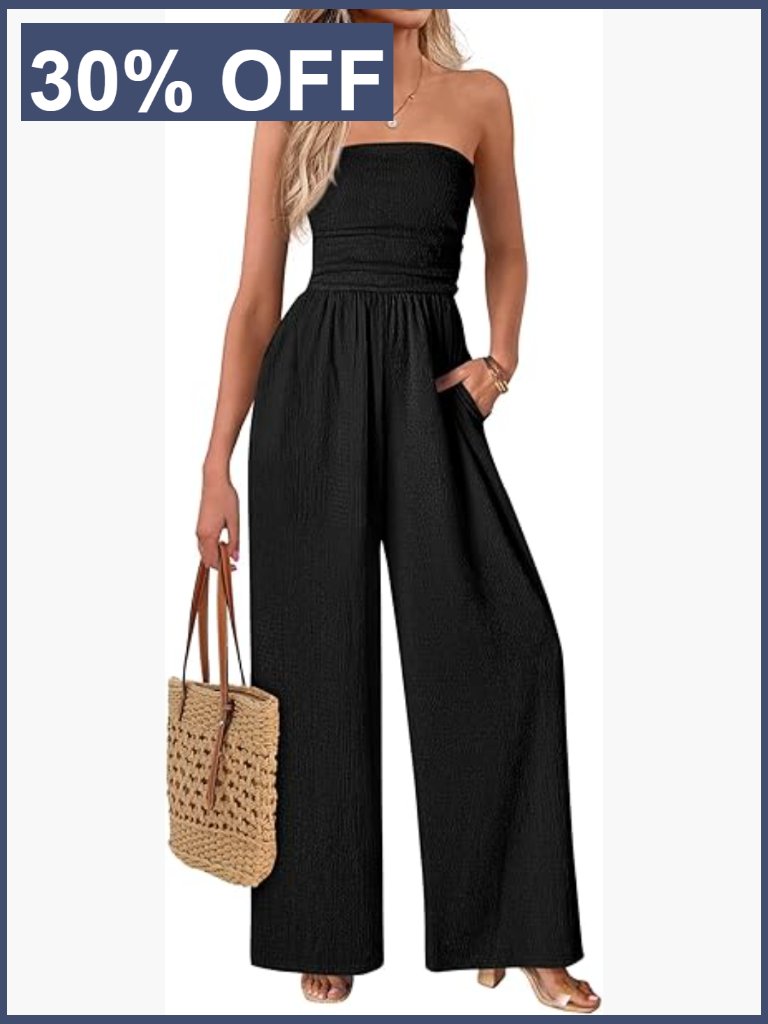 Strapless Smocked Jumpsuit With Pockets Wide Leg One Piece Romper